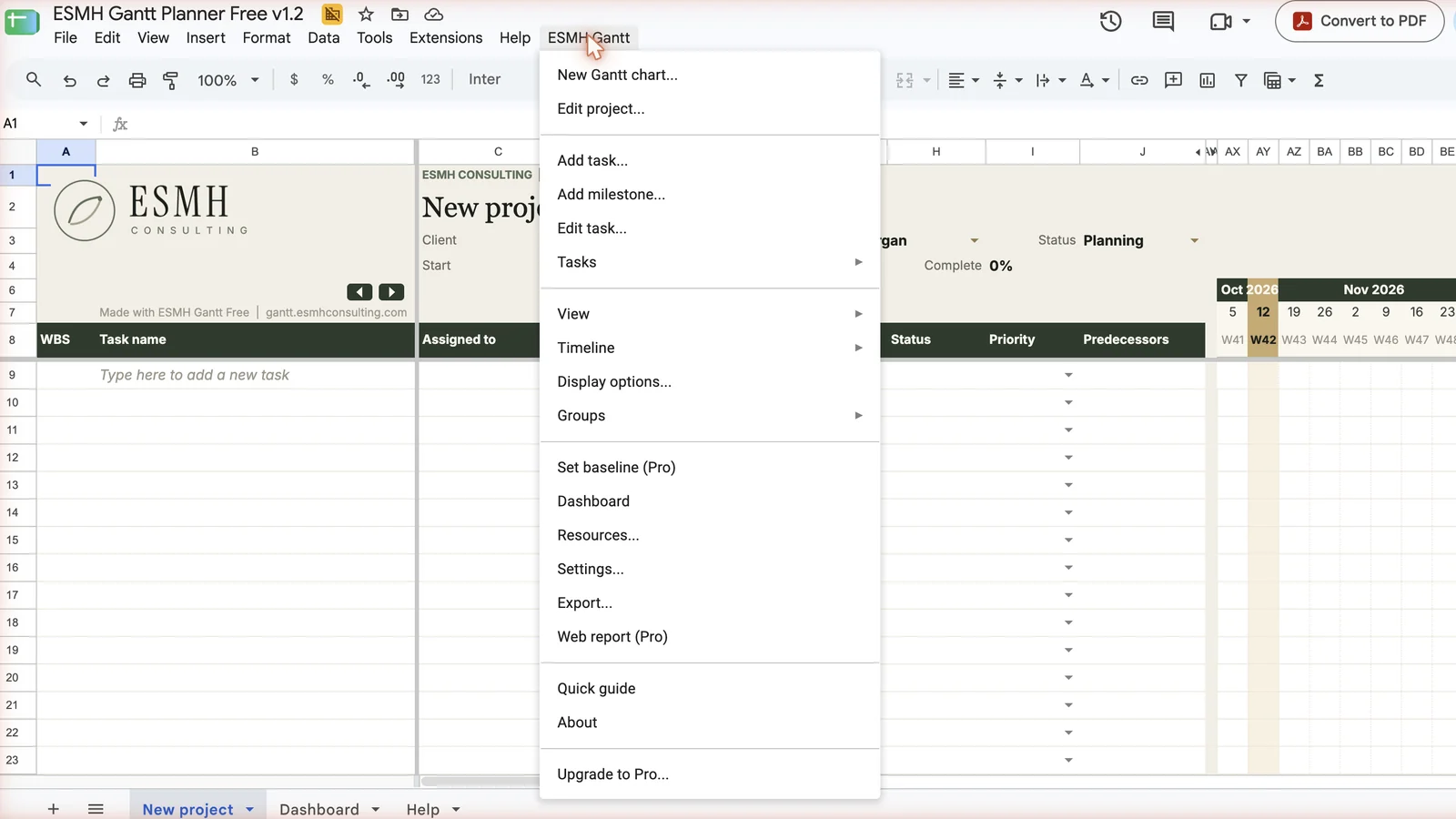 The ESMH Gantt Planner in Google Sheets with its ESMH Gantt menu open